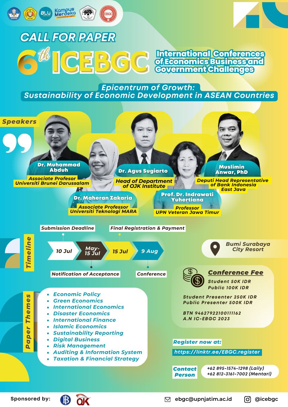 International Conference of Economics, Business, and Government Challenges  6th ICEBGC 2023 by Faculty Business and Economics UPN Veteran Jawa Timur  "Welcome to the seminar and Call for Paper 'Epicentrum of Growth: